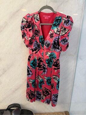 Betsey Johnson Pink Floral V-Neck Puff Sleeve Dress with Teal & Purple Roses